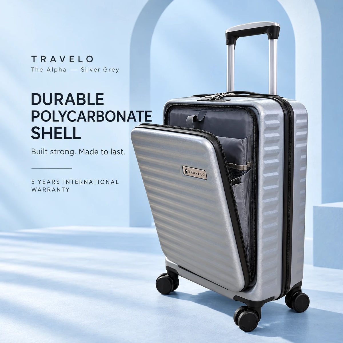 Travelo Alpha Series Hardside Cabin Suitcase – Silver Grey